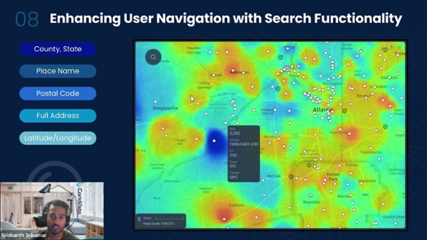 Search by county or place name to zoom the heatmap and focus on points of interest without cluttering the view