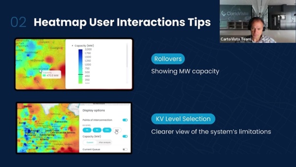 Heatmap user interactions in CartoVista: rollover tooltips showing MW capacity and kV level display options