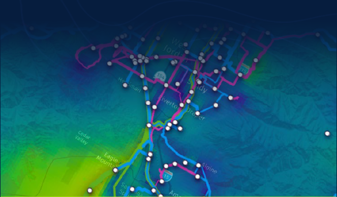 Stylized GIS map with transit routes and terrain visualization