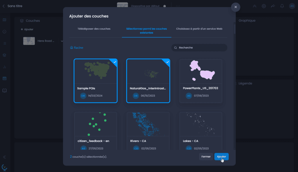 Capture d'écran montrant ajouter des donnees selection existante dans CartoVista lors de création une carte