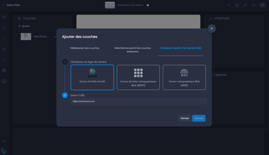 Capture d'écran montrant ajouter des donnees service web dans CartoVista lors de création une carte