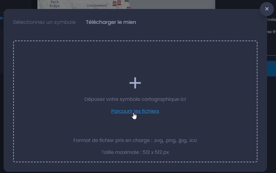 Capture d'écran montrant bibliotheque de symboles telecharger le mien dans CartoVista lors de modification le style des couches de points