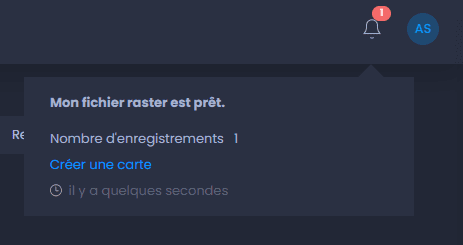 Capture d'écran montrant couche raster import notification dans CartoVista lors de ajout des données sig matricielles (raster) à partir de geotiffs