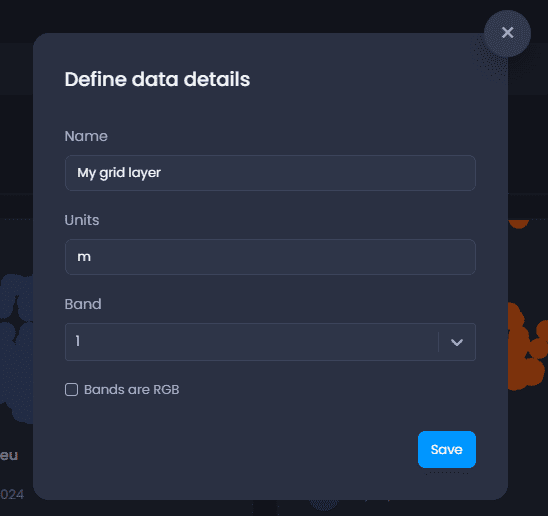 Screenshot showing define data details grid layer in CartoVista when adding raster gis data from geotiff