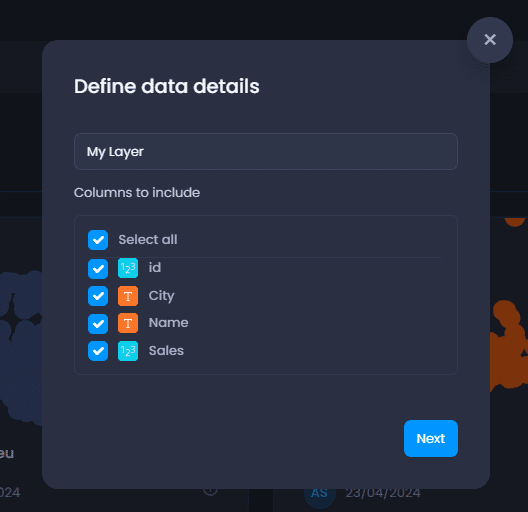Screenshot showing define data details in CartoVista when adding vector gis data (from esri shapefile, mapinfo, etc.)