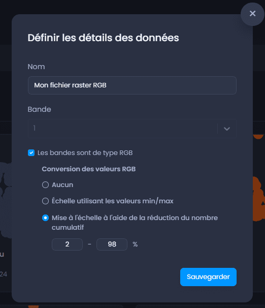 Capture d'écran montrant definir les details des donnees rgb dans CartoVista lors de ajout des données sig matricielles (raster) à partir de geotiffs