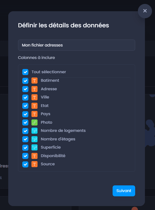 Capture d'écran montrant definir les details des donnees adresses dans CartoVista lors de importation des données tabulaires avec adresse (fichiers excel ou csv)