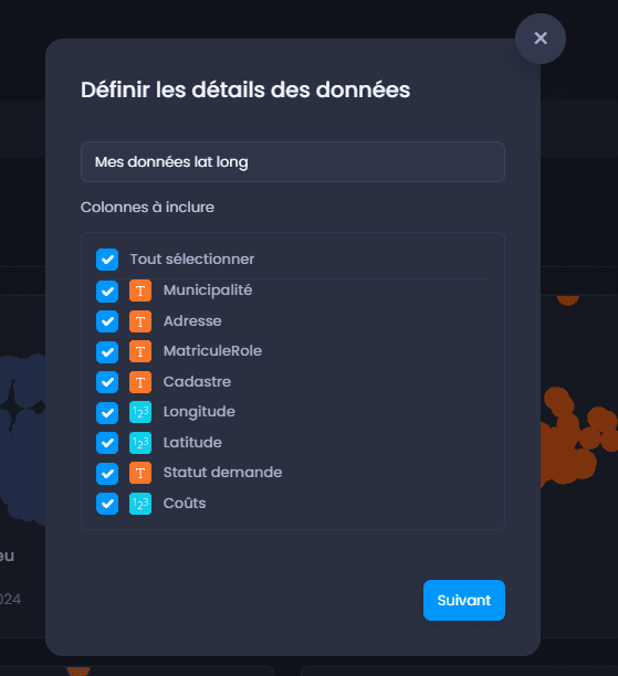 Capture d'écran montrant definir les details des donnees lat long dans CartoVista lors de importation des données tabulaires avec latitude/longitude (fichiers excel ou csv)