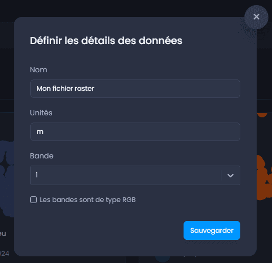 Capture d'écran montrant definir les details des donnees raster dans CartoVista lors de ajout des données sig matricielles (raster) à partir de geotiffs