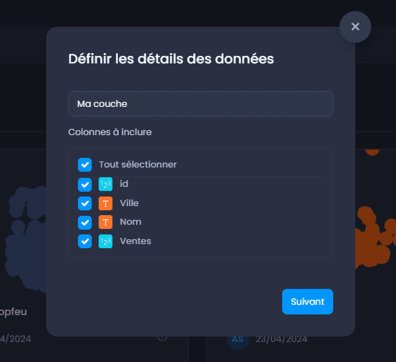 Capture d'écran montrant definir les details des donnees dans CartoVista lors de ajout des données sig vectorielles (fichiers shapefile, mapinfo, etc.)