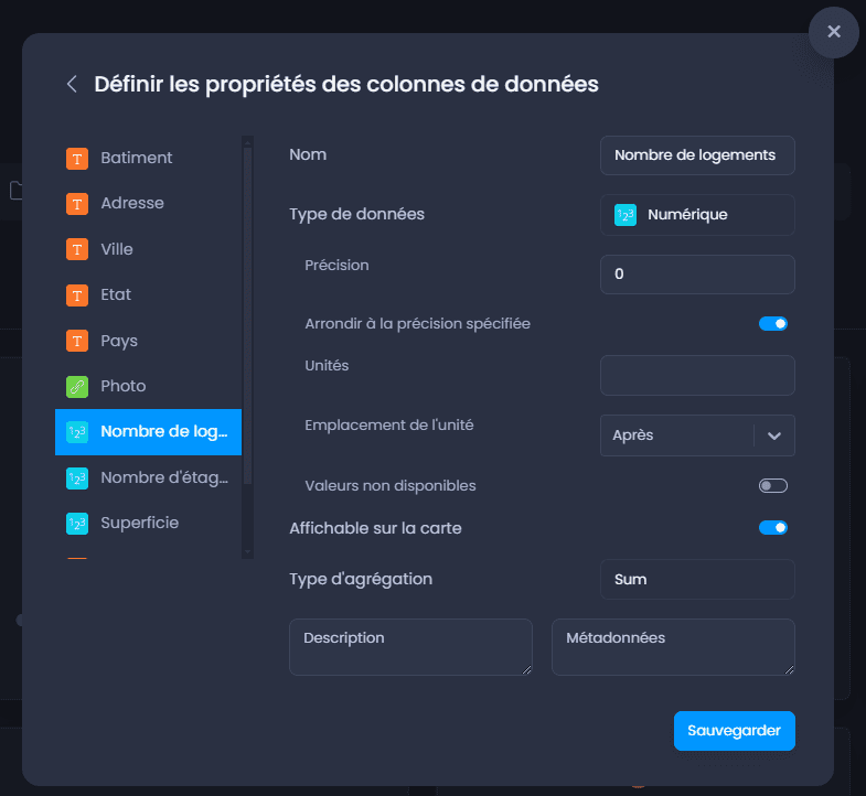 Capture d'écran montrant definir les proprietes des colonnes adresses dans CartoVista lors de importation des données tabulaires avec adresse (fichiers excel ou csv)
