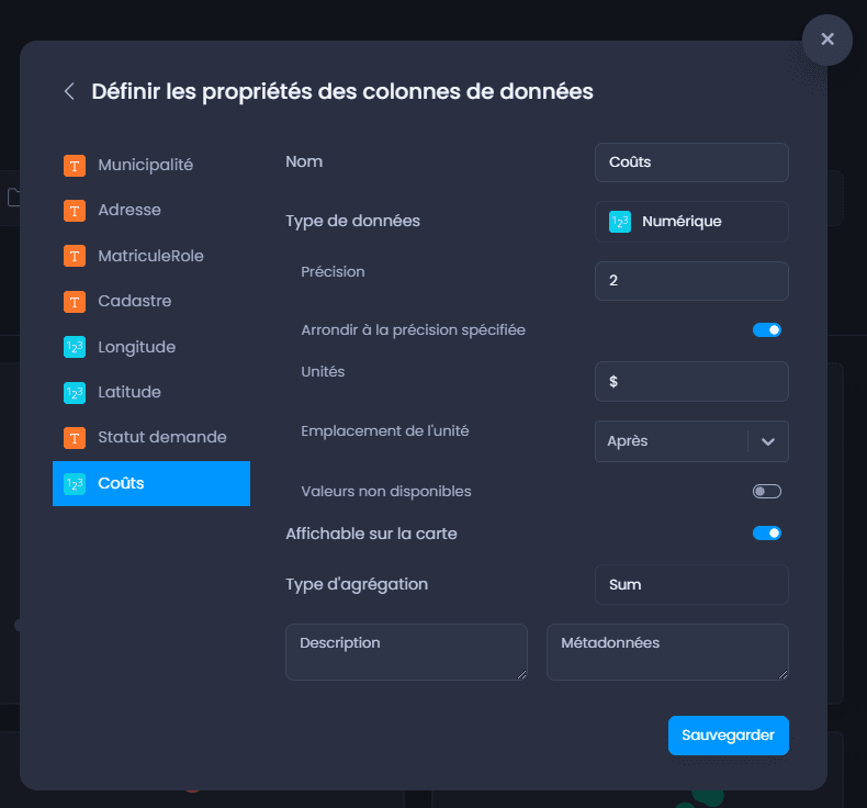 Capture d'écran montrant definir les proprietes des colonnes lat long dans CartoVista lors de importation des données tabulaires avec latitude/longitude (fichiers excel ou csv)