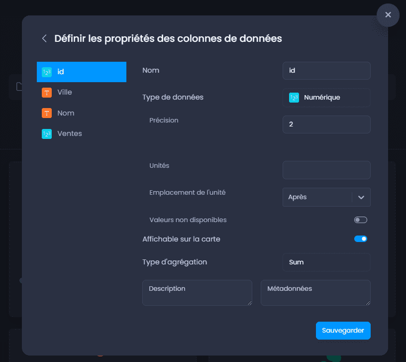 Capture d'écran montrant definir les proprietes des colonnes dans CartoVista lors de ajout des données sig vectorielles (fichiers shapefile, mapinfo, etc.)