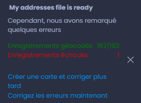 Capture d'écran montrant fichier adresse import notification dans CartoVista lors de importation des données tabulaires avec adresse (fichiers excel ou csv)