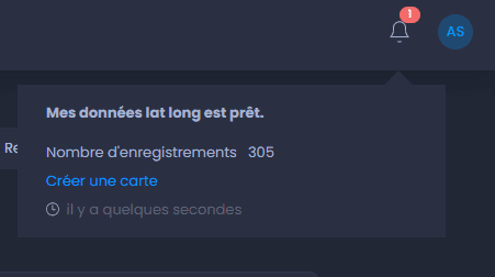 Capture d'écran montrant fichier lat long import notification dans CartoVista lors de importation des données tabulaires avec latitude/longitude (fichiers excel ou csv)