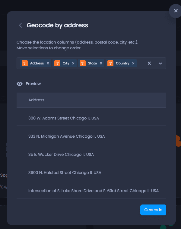 Screenshot showing geocode by address in CartoVista when importing tabular data with address (from excel or csv)