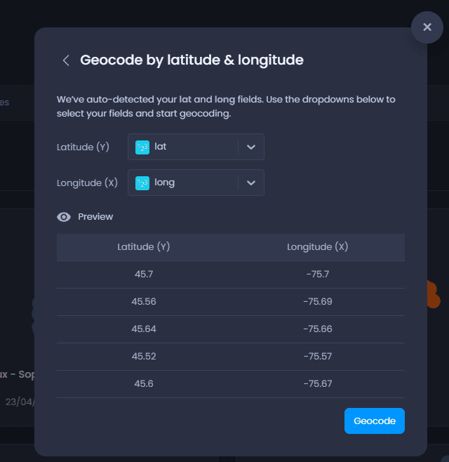 Screenshot showing geocode by lat long in CartoVista when importing tabular data with latitude / longitude (from excel or csv)