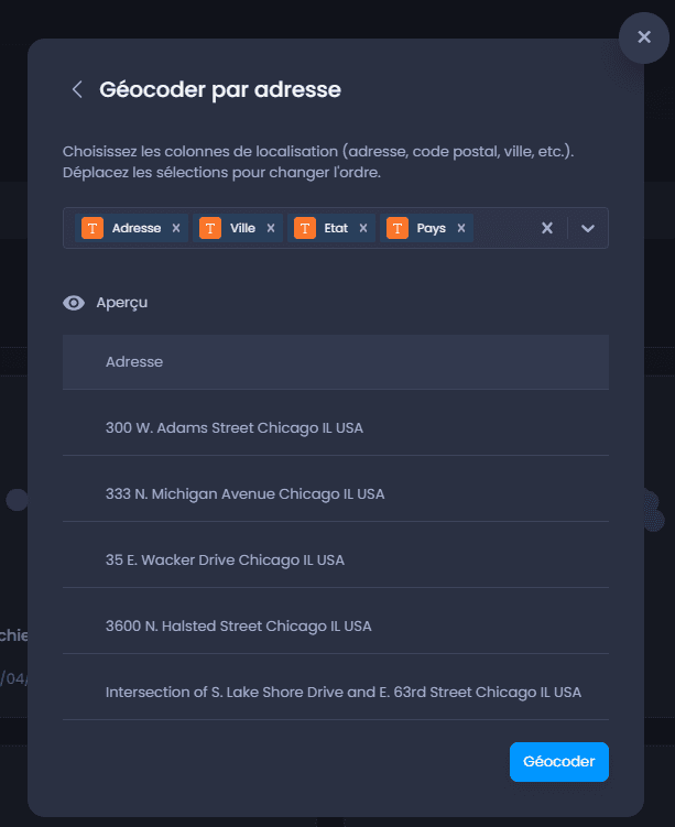 Capture d'écran montrant geocoder par adresse dans CartoVista lors de importation des données tabulaires avec adresse (fichiers excel ou csv)