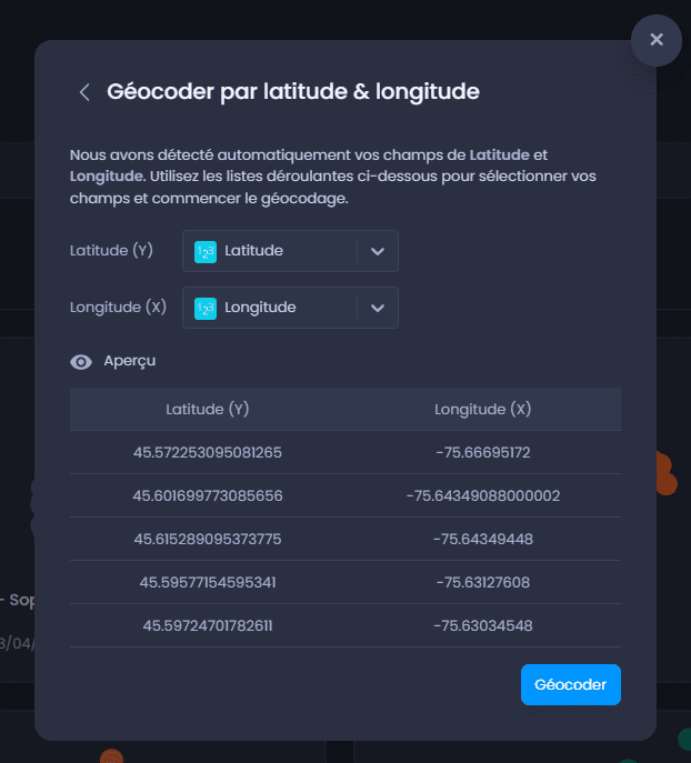 Capture d'écran montrant geocoder par lat long dans CartoVista lors de importation des données tabulaires avec latitude/longitude (fichiers excel ou csv)