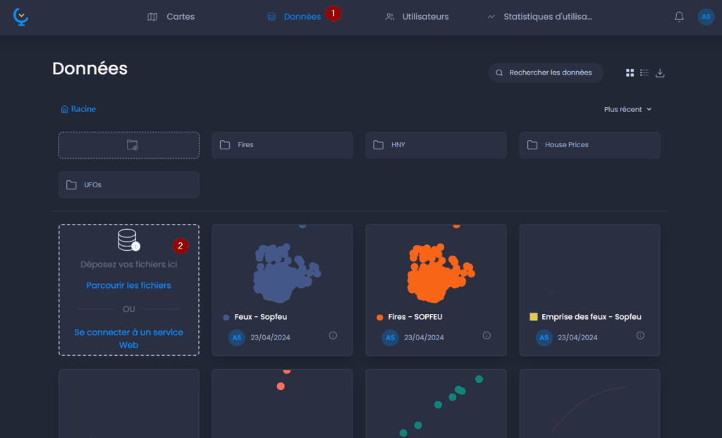 Capture d'écran montrant glisser deposer les donnees dans CartoVista lors de ajout des données sig vectorielles (fichiers shapefile, mapinfo, etc.)