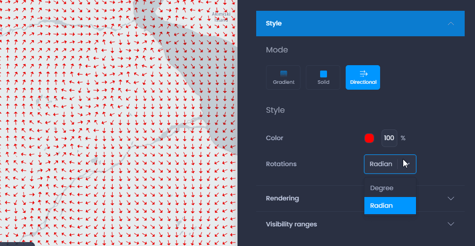 Screenshot showing grid layer properties directional in CartoVista when change the styles of raster (grid) layers