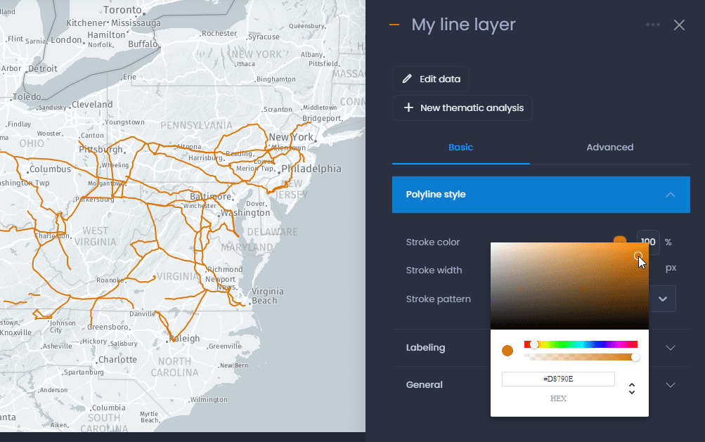 Screenshot showing line layer properties color in CartoVista when change the styles of polyline layers