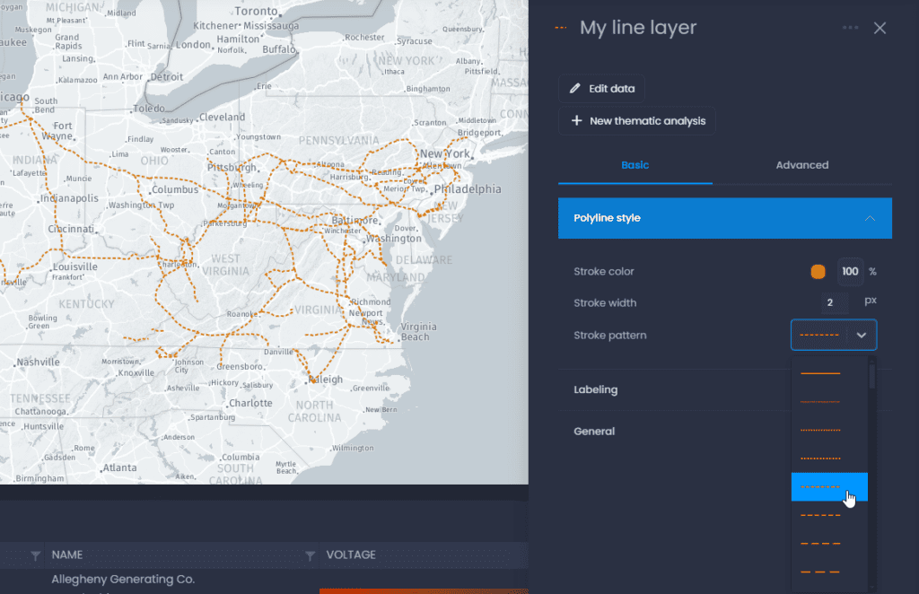 Screenshot showing line layer properties pattern in CartoVista when change the styles of polyline layers