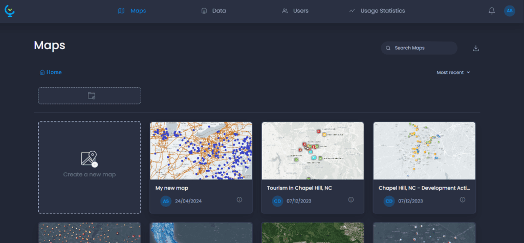 Screenshot showing map creation result map gallery in CartoVista when creating a map