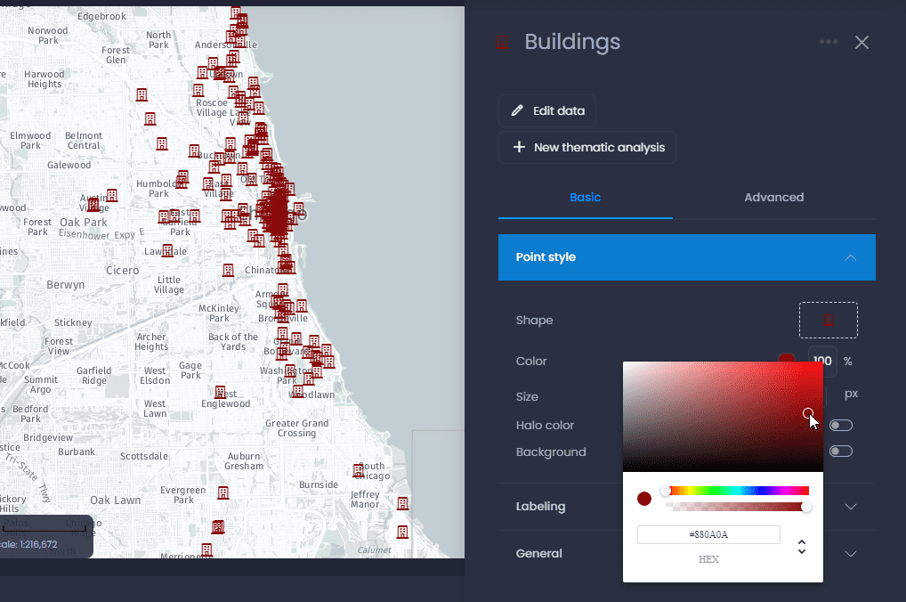 Screenshot showing point layer properties color picker in CartoVista when change the styles of point layers