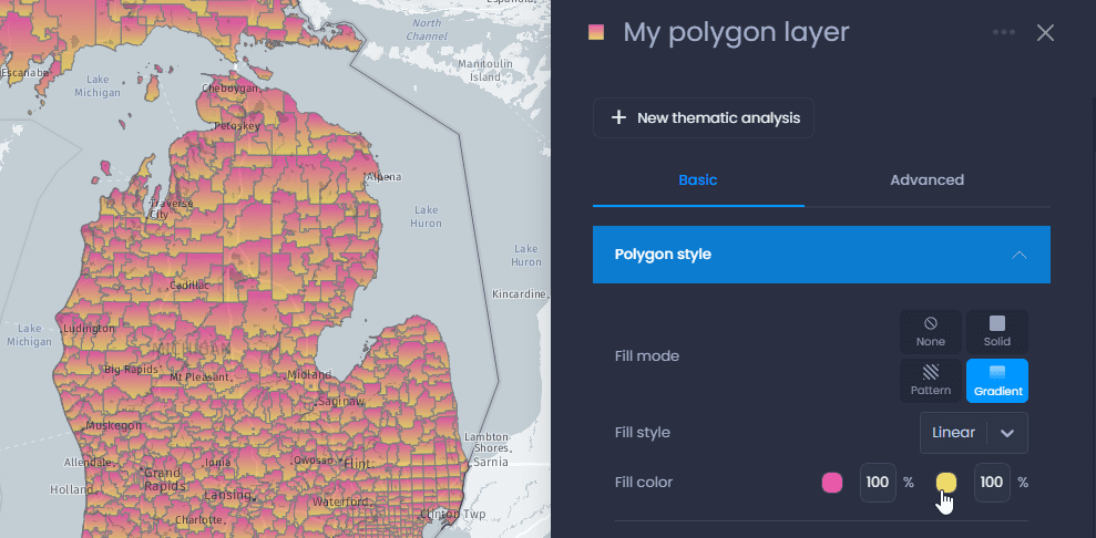 Screenshot showing polygon layer properties gradient color in CartoVista when change the styles of polygon layers
