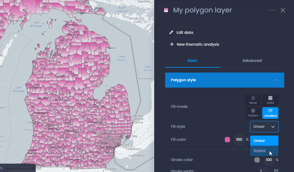 Screenshot showing polygon layer properties gradient style in CartoVista when change the styles of polygon layers