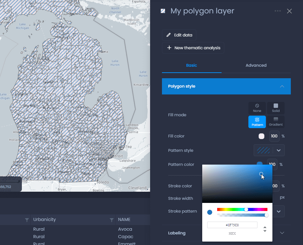 Screenshot showing polygon layer properties pattern color in CartoVista when change the styles of polygon layers