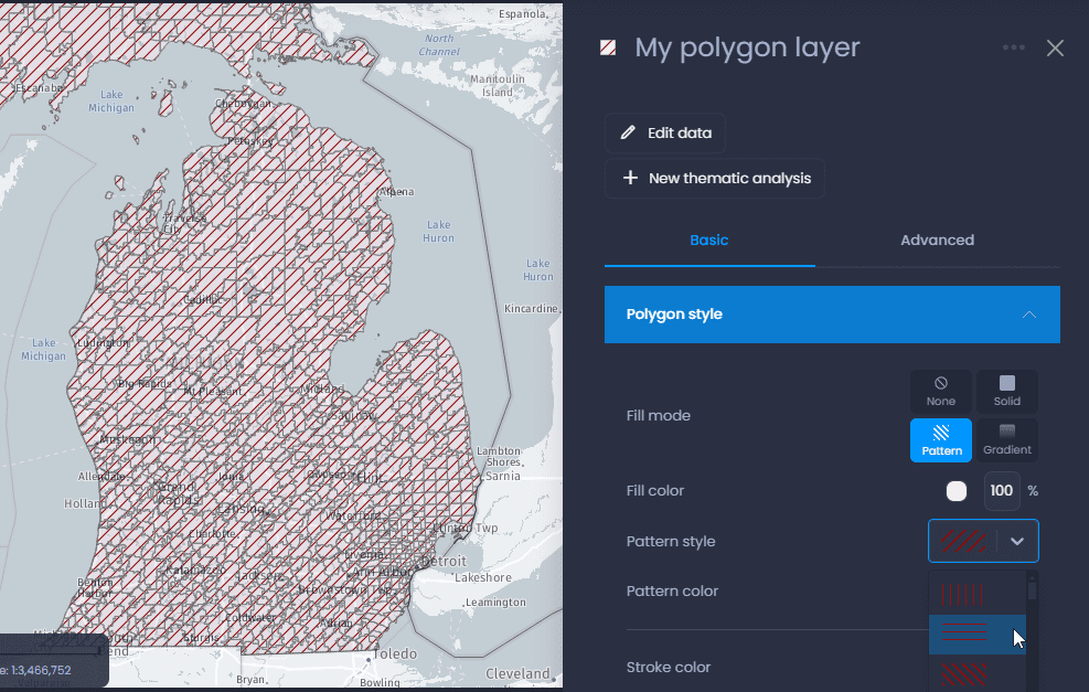 Screenshot showing polygon layer properties pattern style in CartoVista when change the styles of polygon layers