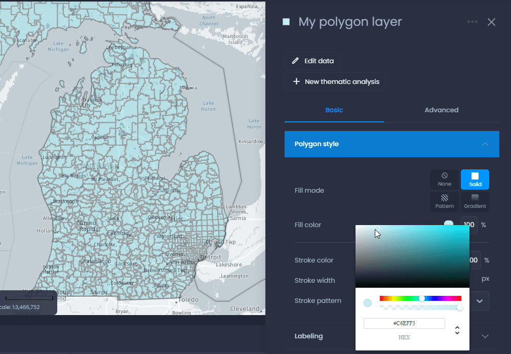 Screenshot showing polygon layer properties solid fill color in CartoVista when change the styles of polygon layers