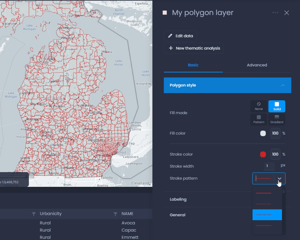 Screenshot showing polygon layer properties stroke in CartoVista when change the styles of polygon layers