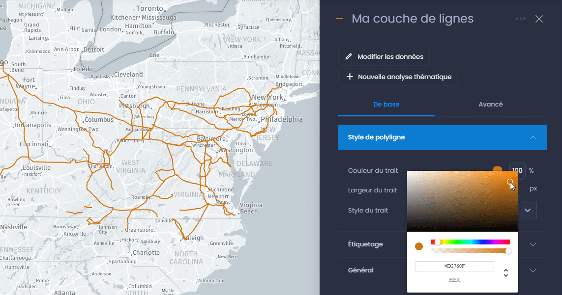 Capture d'écran montrant proprietes couche de lignes couleur dans CartoVista lors de modification le style des couches de polylignes
