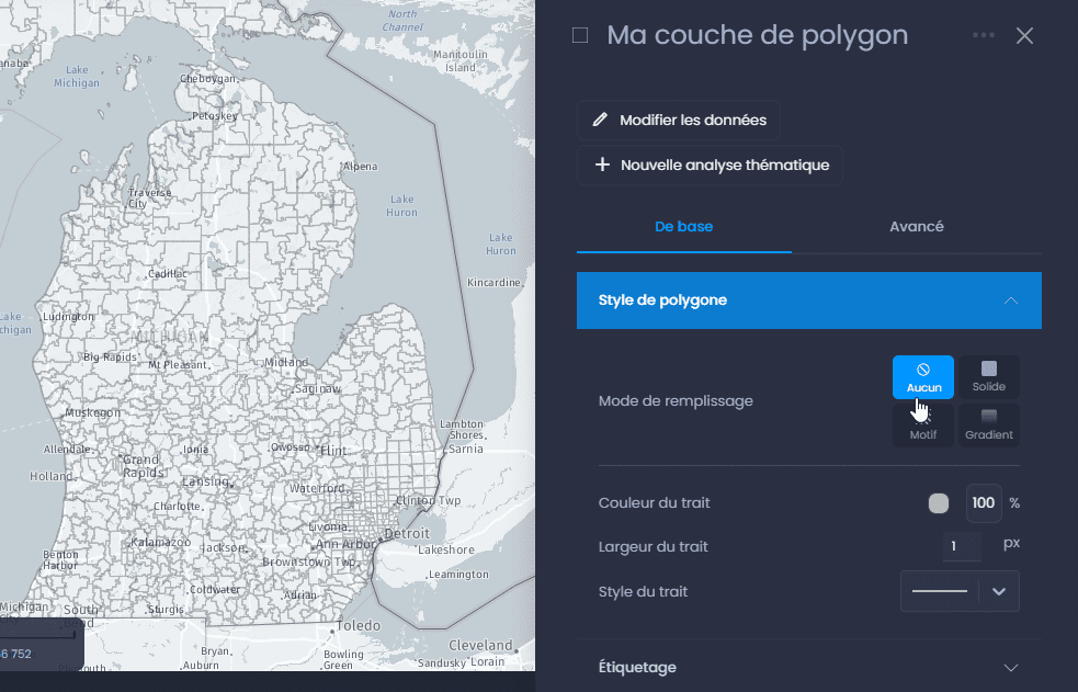 Capture d'écran montrant proprietes couche de polygones aucun remplissage dans CartoVista lors de modification le style des couches de polygones