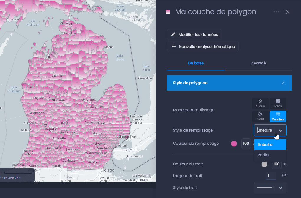 Capture d'écran montrant proprietes couche de polygones remplissage gradient choix dans CartoVista lors de modification le style des couches de polygones