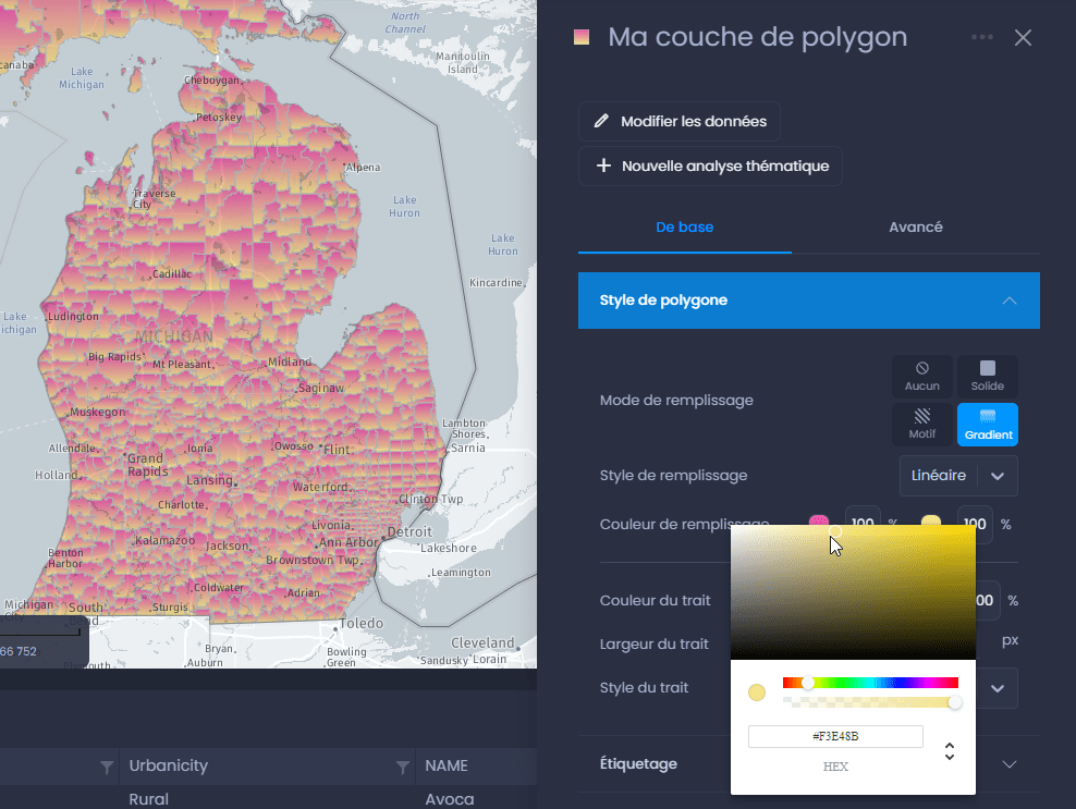 Capture d'écran montrant proprietes couche de polygones remplissage gradient couleur dans CartoVista lors de modification le style des couches de polygones