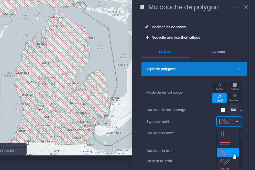 Capture d'écran montrant proprietes couche de polygones remplissage motif choix dans CartoVista lors de modification le style des couches de polygones