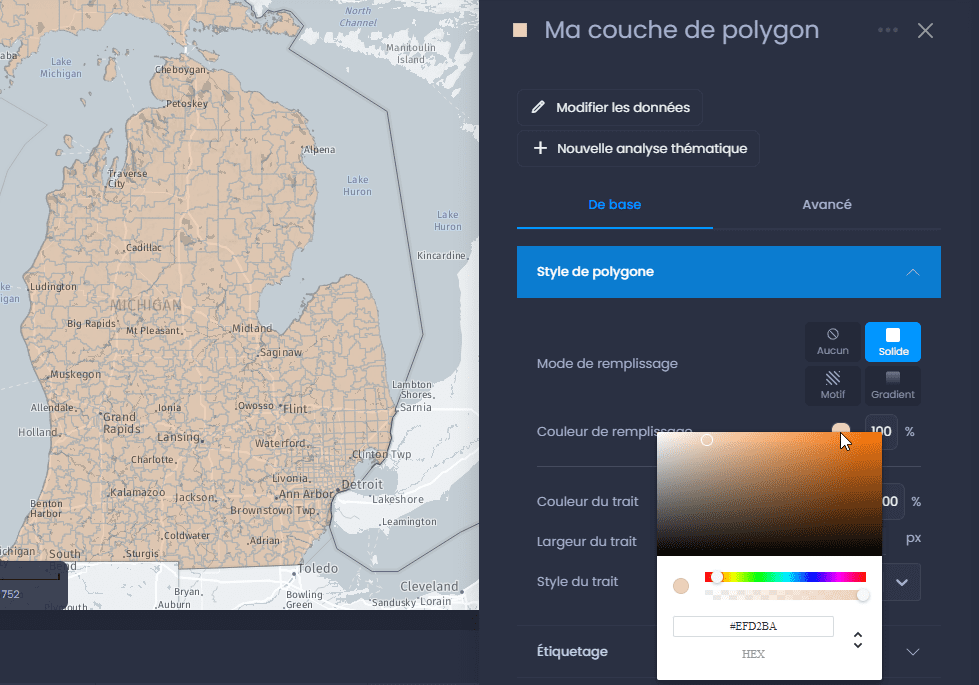 Capture d'écran montrant proprietes couche de polygones remplissage solide dans CartoVista lors de modification le style des couches de polygones