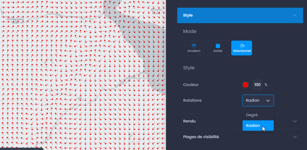Capture d'écran montrant proprietes couche matricielle directionnel dans CartoVista lors de modification les styles des couches matricielles (raster)