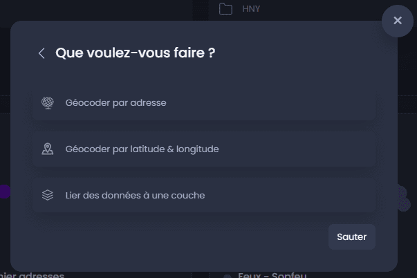 Capture d'écran montrant que voulez vous faire dans CartoVista lors de lier une table de données à une couche