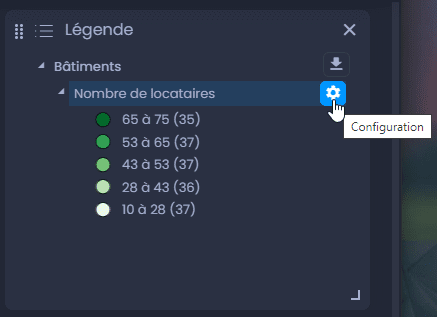 Capture d'écran montrant acceder aux configurations de la legende dans CartoVista lors de création et personnaliser une analyse thématique