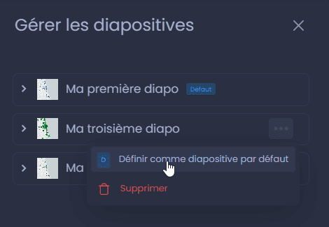 Capture d'écran montrant actions sur les diapositives dans CartoVista lors de création une nouvelle diapositive et gérer les diapositives