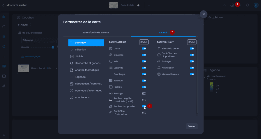 Capture d'écran montrant activer l analyse temporelle dans CartoVista lors de travailler avec des données vectorielles temporelles (un-à-plusieurs)
