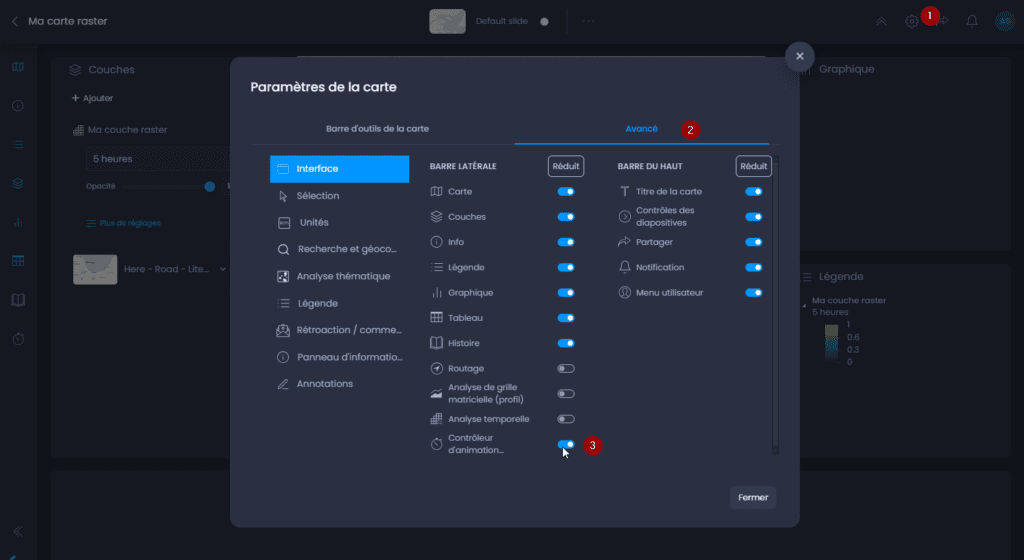 Capture d'écran montrant activer le controller d animation temporelle dans CartoVista lors de travailler avec des données vectorielles temporelles (un-à-plusieurs)