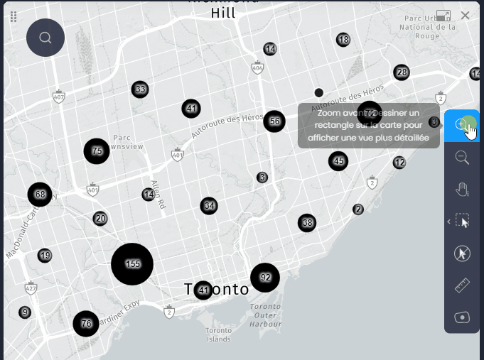 Capture d'écran montrant actualiser les agregats dans CartoVista lors de afficher des couches de points volumineuses grâce aux agrégats
