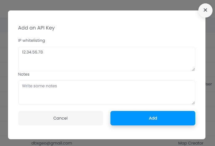 Screenshot showing add api key dialog in CartoVista when using the cartovista rest api