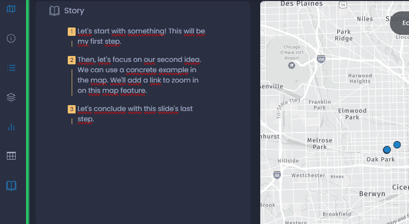 Screenshot showing add feature link to a step in CartoVista when write map stories